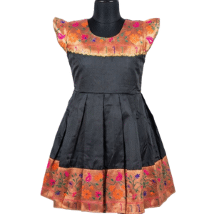 Girls' Traditional Midnight Black Silk Frock with Copper Floral Brocade Yoke & Border