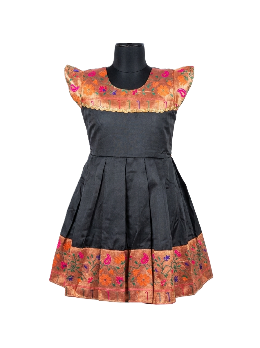 Girls' Traditional Midnight Black Silk Frock with Copper Floral Brocade Yoke & Border