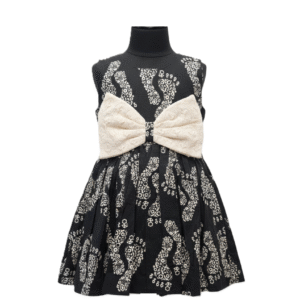 Girls' Designer Black & Cream Cotton Frock with Statement Lace Bow
