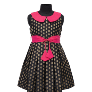 Girls' Designer Black & Gold Zari Butti Frock with Hot Pink Peter Pan Collar