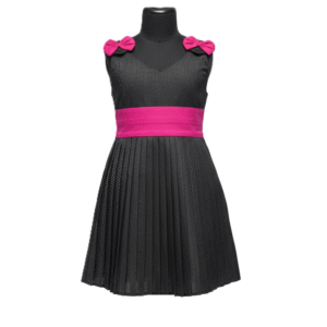 Girls' Designer Black Pleated Party Frock with Hot Pink Bow Accents & Waist Sash
