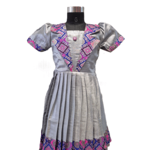 Girls' Ash Grey & Silver Ethnic Frock with Floral Zari Yoke and Pleated Skirt