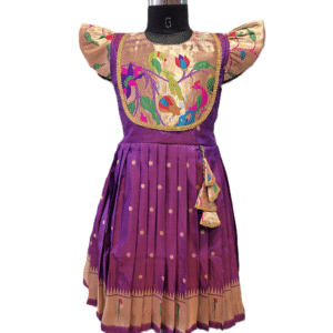 Girls' Royal Purple & Gold Ethnic Frock with Paithani-Style Peacock Brocade