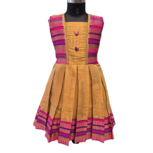 Girls' Mustard Gold Silk Ethnic Frock with Vibrant Pink & Purple Brocade Accents