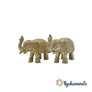 Metal Elephant Pair Statue (Set of 2) | Gold-finished Trunk Up Elephant Idol Showpiece for Home Decor, Mandir, Pooja Room and Housewarming Gifts |