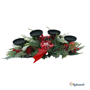 Christmas Candle Holder Centerpiece (Long) | Festive Table Decoration with Pine Leaves and Candy Accents | Xmas Dining Table Décor