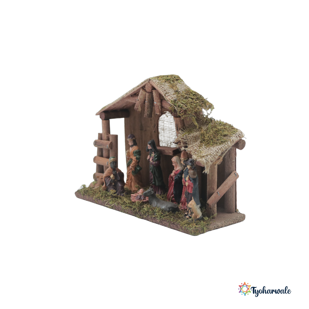 Crib Set for Christmas Decoration | Stable Hut with 9 Figurines | Christmas Nativity Scene Showpiece for Home Décor, Festival Displays and Gifting |