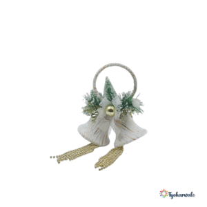 White and Gold Christmas Bells Hanging Decoration | Twin Luxury Bells with Pearl Chains and Pine | Premium Xmas Décor for Door and Wall |