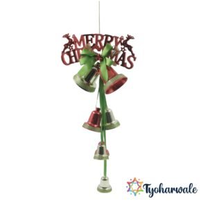 Red and Gold "Merry Christmas" Sign Hanging Decoration | Festive Bells and Ribbons | Xmas Decorations for Door, Wall, and Tree |