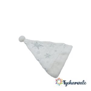 Elegant White Santa Cap (Set of 12) with Silver Snowflakes | Plush Fur Christmas Party Wear Hat for Kids and Adults |