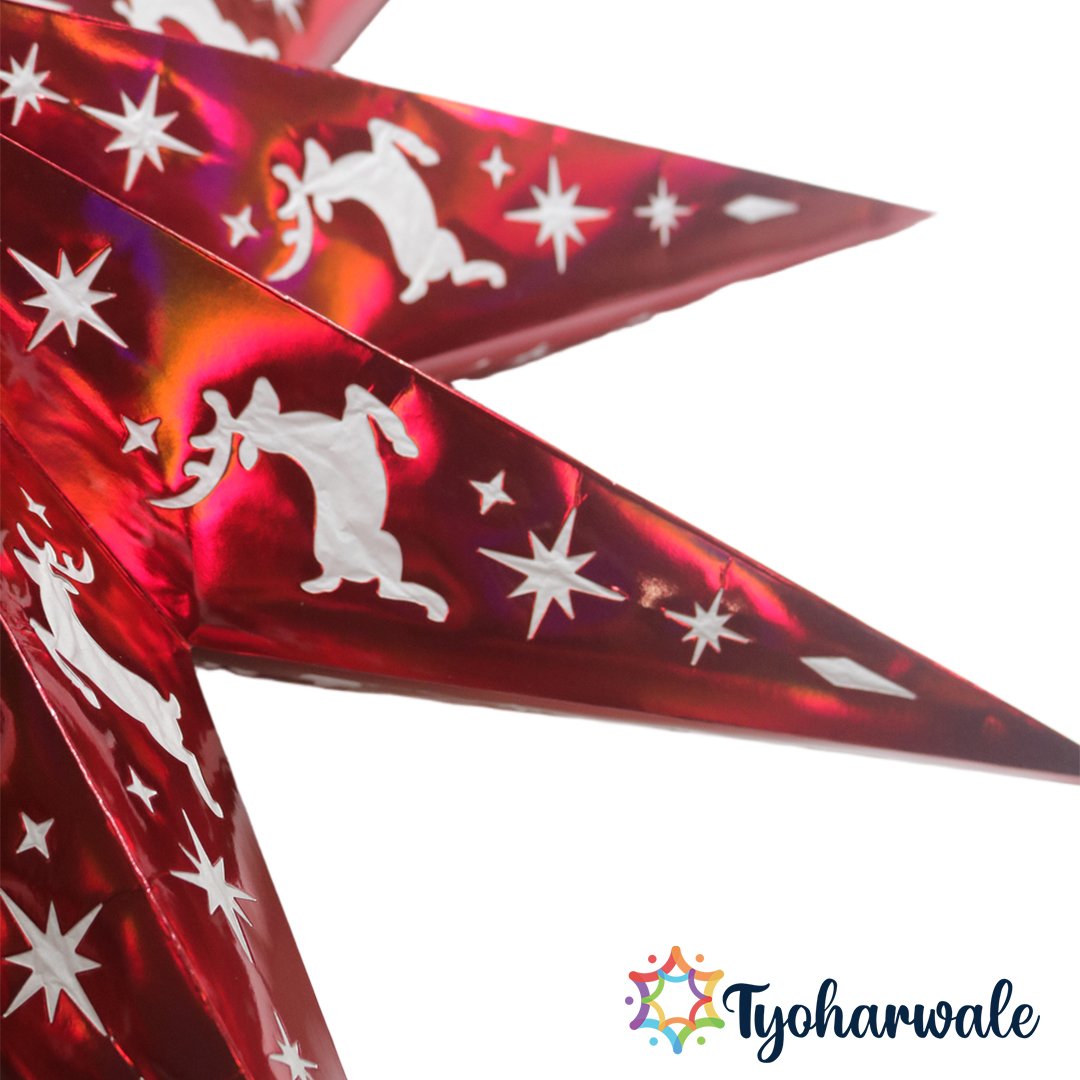 Star Hanging Decoration | Premium Red Christmas Reindeer Cutouts and Festive Design | Xmas Star for Door, Ceiling, and Holiday Party Décor