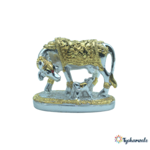 Silver and Gold Cow and Calf Idol | Kamadhenu Statue for Pooja | Auspicious Religious Decor | Spiritual Gift for Home Mandir