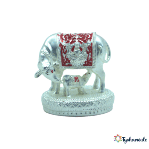 Silver and Red Cow and Calf Idol | Kamadhenu Statue for Pooja | Peaceful Spiritual Decor | Traditional Gift for Home Mandir