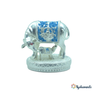 Silver and Blue Cow and Calf Idol | Kamadhenu Statue for Pooja | Peaceful Spiritual Decor | Traditional Gift for Home Mandir
