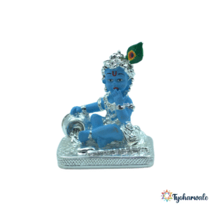 Silver and Blue Bal Krishna Statue | Laddu Gopal Idol with Butter Pot | Little Kanha for Home Mandir | Spiritual Gift