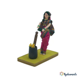 Lady with Ukhal Small Setup for Rukhwat (उखळात कांडणारी स्त्री) | Lady with ukhal figurine | Traditional Grinding Activity Miniature | Wedding Rukhwat Decor