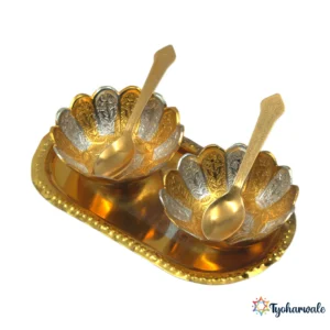 Decorative Plated Bowl with Spoons Set | Festive Serving & Gifting Bowl for Home, Pooja & Dining | For Diwali & Wedding Use |