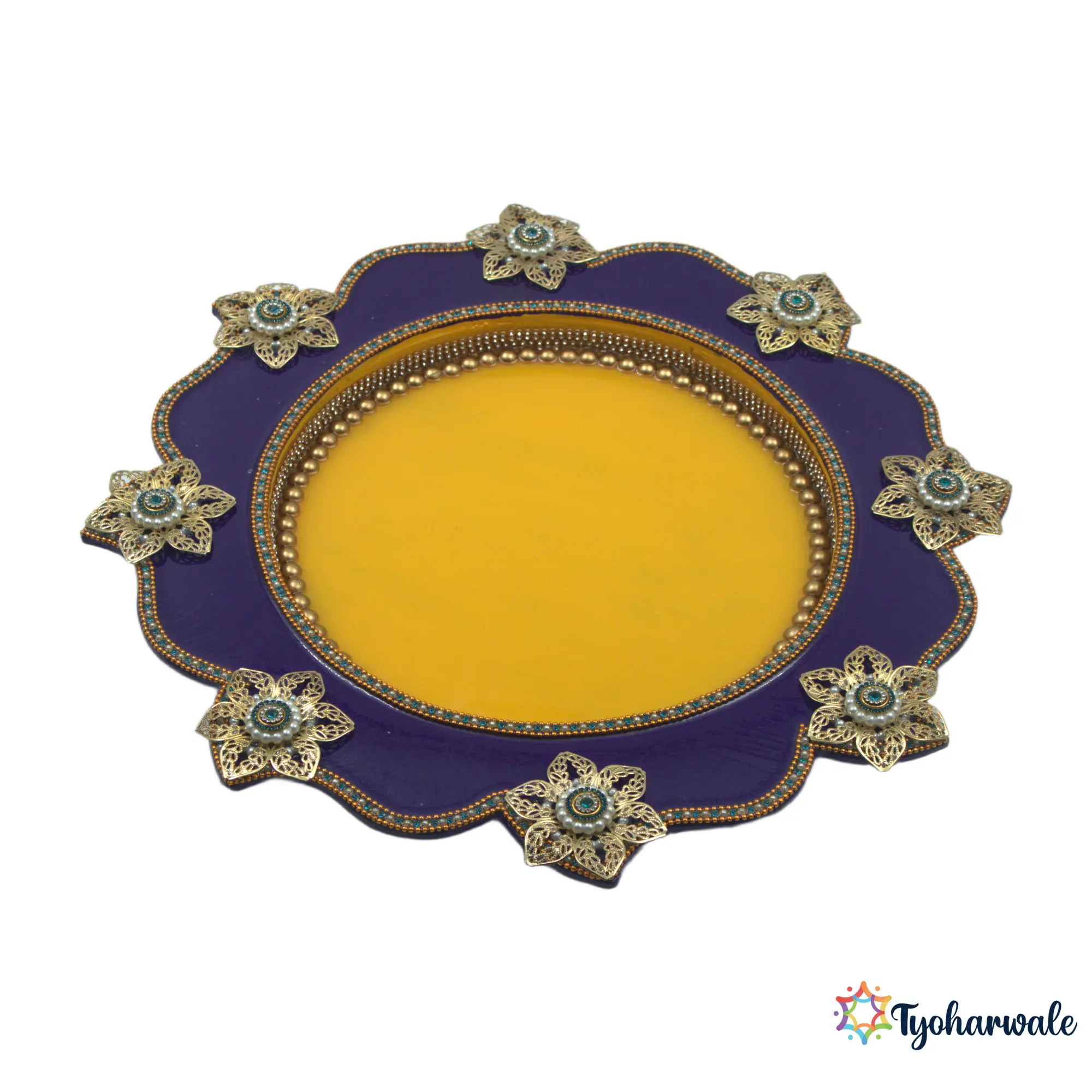 Pooja Thali with Flowers | Decorative Plate for Aarti & Festive Rituals | Puja Thali for Diwali, Wedding & Gifting |