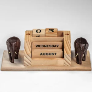 Wooden Calendar Pen Stand with Elephant 3” | Decorative Desk Organiser & Pen Holder | Study Table & Office Desk Accessory with Calendar for Home, Workspace & Gifting