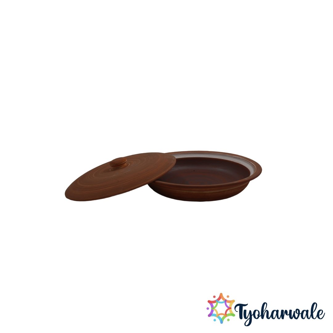 11-inch traditional clay frying pan with lid for healthy Indian cooking.