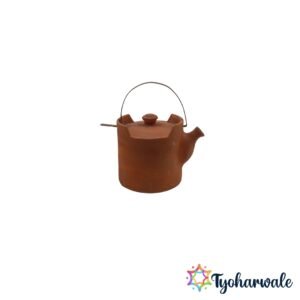 Large traditional clay teapot with wire handle and lid for serving tea.