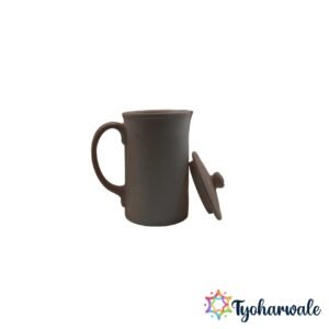 Traditional clay water jug with handle and lid for dining use.