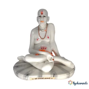 Swami Samarth Idol (White with Marble Design Base)10' | Marble Dust Resin Murti | Shri Swami Samarth Statue | Home Mandir Murti | Daily Pooja Idol | Religious Gift