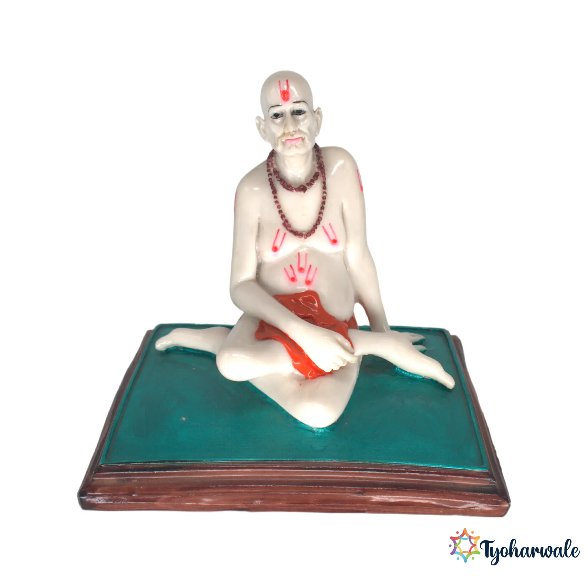 Swami Samarth Idol (White with Green & Brown Base)6.5 | Marble Dust Resin Murti | Shri Swami Samarth Statue | Home Mandir Murti | Daily Pooja Idol | Religious Gift
