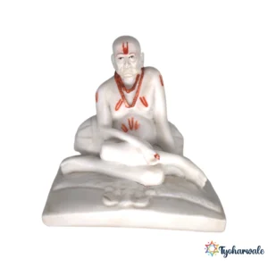 Swami Samarth Idol (White with Marble Design Base)4.5' | Marble Dust Resin Murti | Shri Swami Samarth Statue | Home Mandir Murti | Daily Pooja Idol | Religious Gift