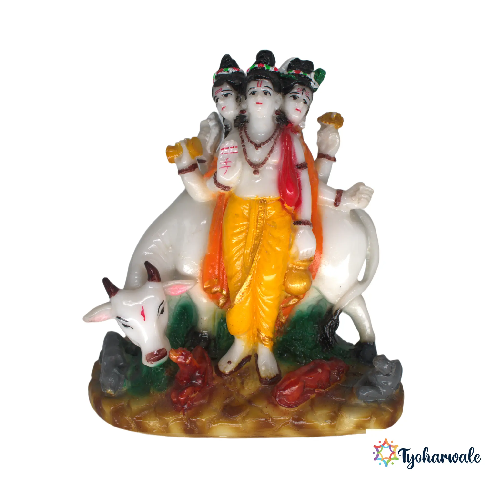 Dattatreya Idol (Multicolour) 6.5' | Marble Dust Resin Murti | Datta Murti with Cow | Lord Dattatreya Statue | Home Mandir Idol | Daily Pooja Murti | Religious Gift