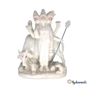 Lord Dattatreya Idol with Cow & Calf (White Marble Finish) 8' | Marble Dust Resin Murti | Dattatreya Statue for Home Mandir | Daily Pooja Idol | Trimurti Datta Murti | Religious Gift | Datta Jayanti Special Idol