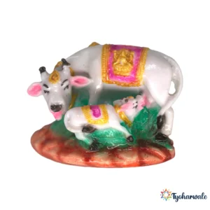 Kamdhenu Cow with Calf Idol (Multicolour)3.5' | Marble Dust Resin Murti | Kamdhenu Mata Idol | Gomata Statue | Gau Mata Murti | Home Mandir Idol | Religious Gift