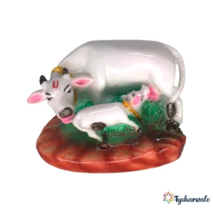 Kamdhenu Cow with Calf Idol (Multicolour) 3' | Marble Dust Resin Murti | Kamdhenu Mata Idol | Gomata Statue | Gau Mata Murti | Home Mandir Idol | Religious Gift