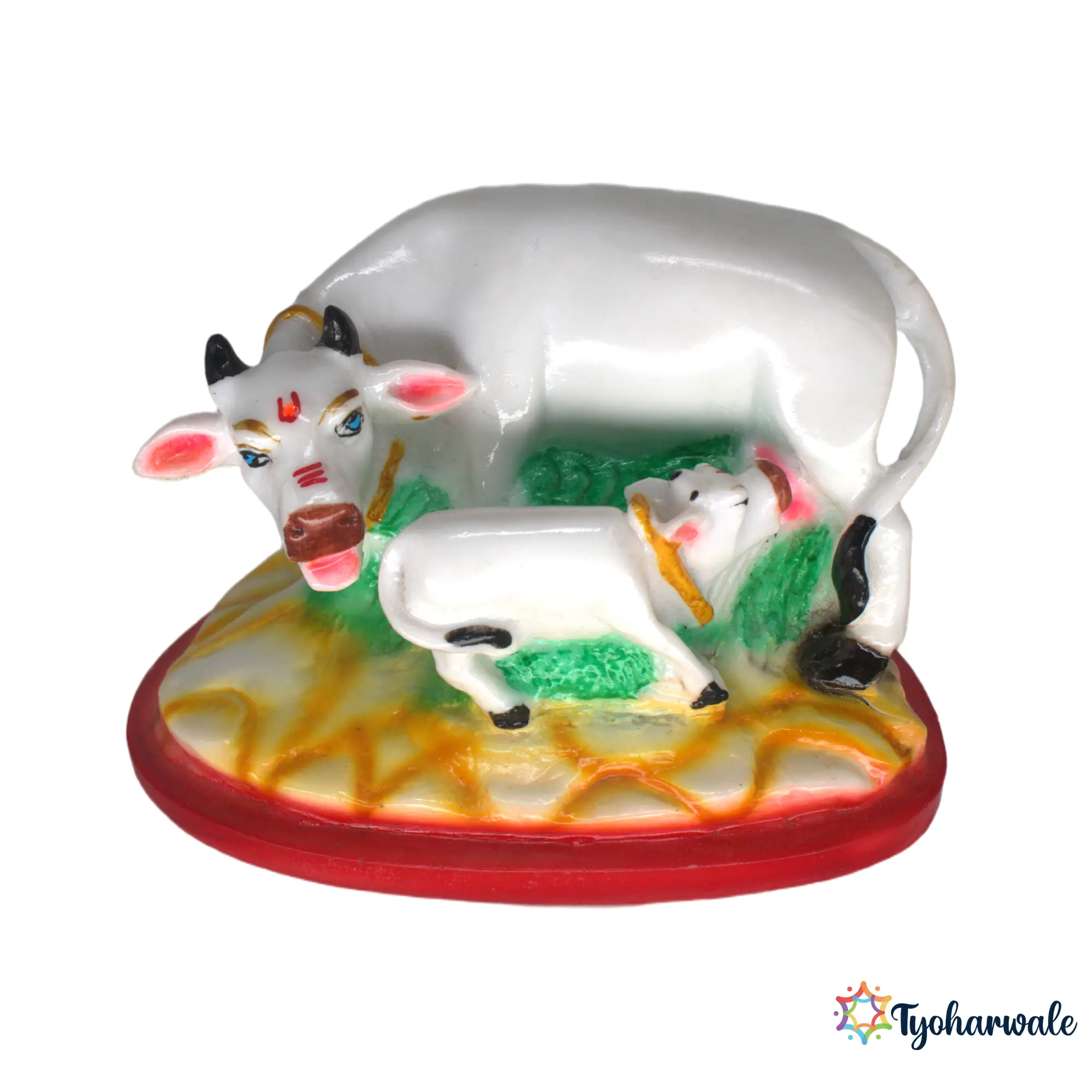 Kamdhenu Cow with Calf Idol (Multicolour)3.5' | Marble Dust Resin Murti | Kamdhenu Mata Idol | Gomata Statue | Gau Mata Murti | Home Mandir Idol | Religious Gift