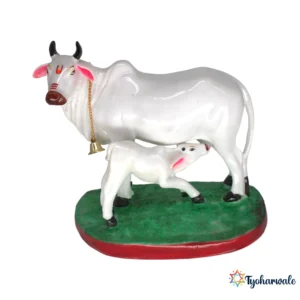 Kapila Cow with Calf Statue (White with Green & Red Base) 7.5'| Marble Dust Resin Murti | Kamdhenu Cow and Calf Idol | Gau Mata Statue for Home Mandir | Pooja Room Murti | Religious Gift