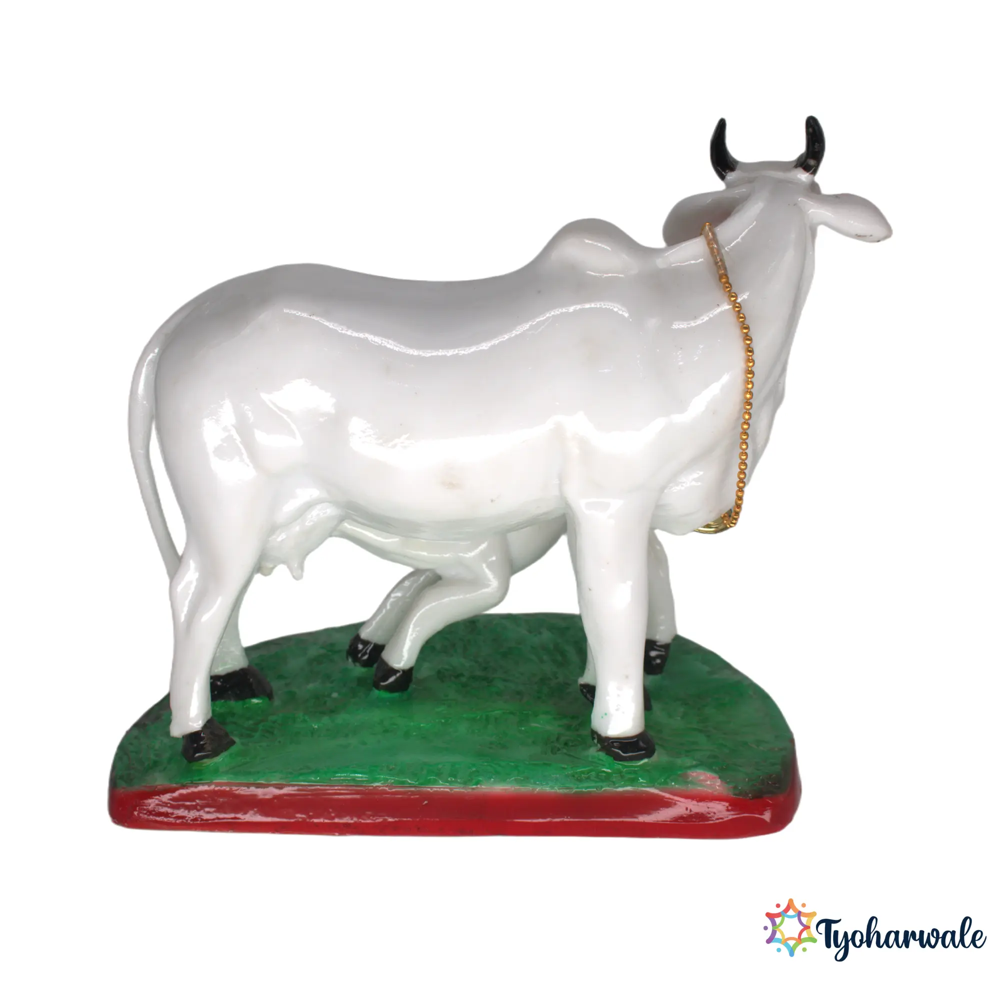 Kapila Cow with Calf Statue (White with Green & Red Base) 7.5'| Marble Dust Resin Murti | Kamdhenu Cow and Calf Idol | Gau Mata Statue for Home Mandir | Pooja Room Murti | Religious Gift