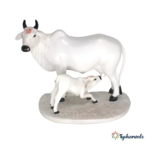 Kapila Cow with Calf Statue (White with White Base)7.5' | Marble Dust Resin Murti | Kamdhenu Cow and Calf Idol | Gau Mata Statue for Home Mandir | Pooja Room Murti | Religious Gift