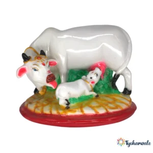 Kamdhenu Cow with Calf Idol (Multicolour) 5' | Marble Dust Resin Murti | Kamdhenu Mata Idol | Gomata Statue | Gau Mata Murti | Home Mandir Idol | Religious Gift