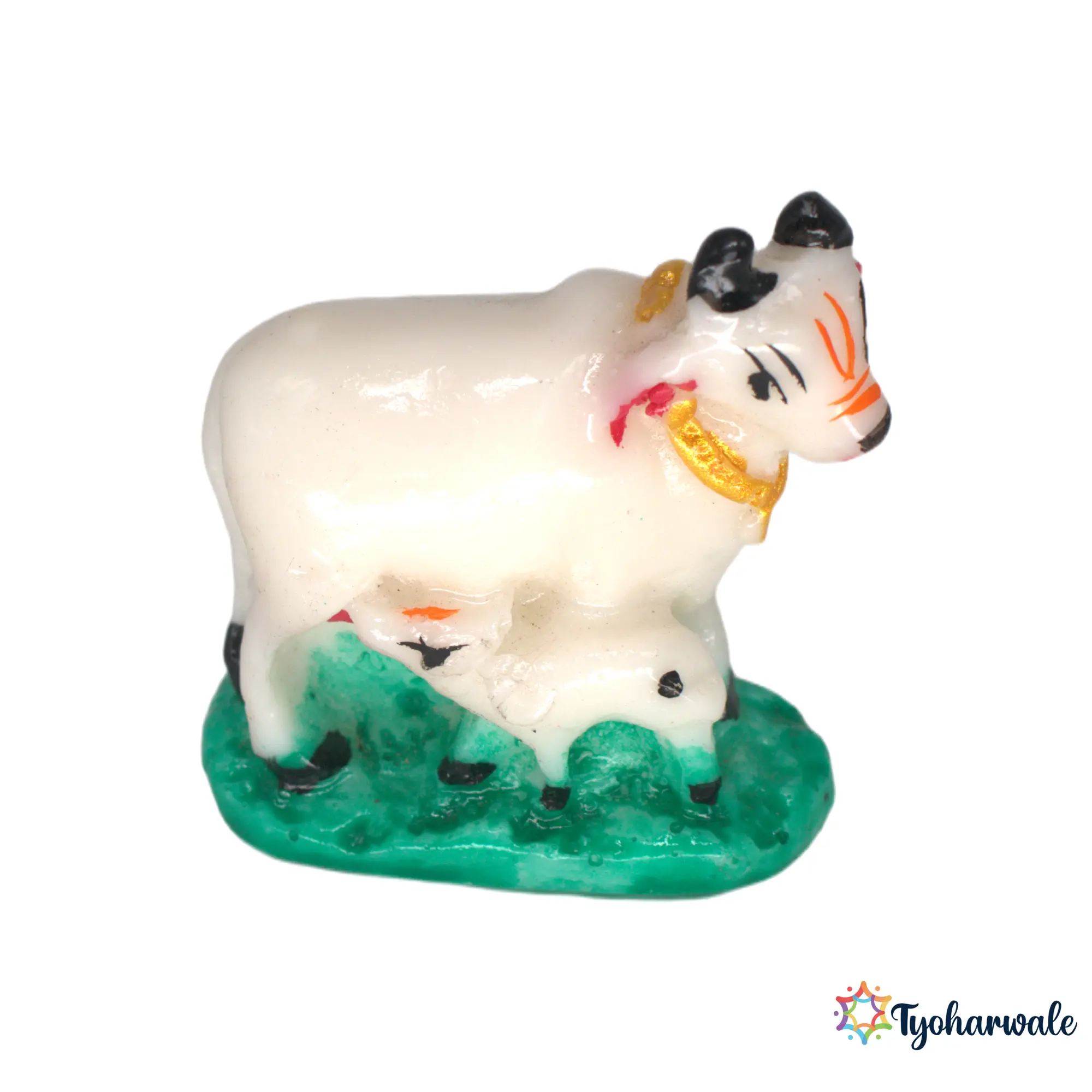 Kapila Cow with Calf Statue (White with Green Base) 2' | Marble Dust Resin Murti | Kamdhenu Cow and Calf Idol | Gau Mata Statue for Home Mandir | Pooja Room Murti | Religious Gift