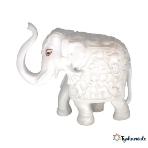 Elephant Idol (White Carved Design)5.5' | Marble Dust Resin Statue | Decorative Gajraj Murti | Home Mandir Idol | Daily Pooja Statue | Religious Gift