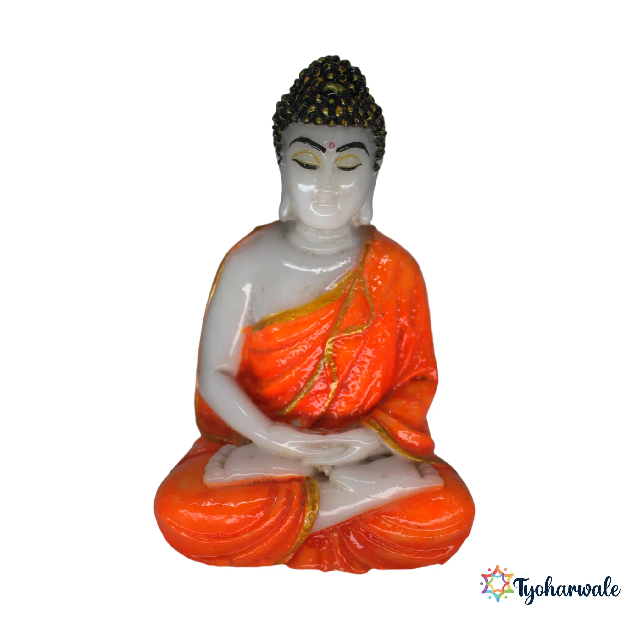 Meditating Buddha Idol (Orange Finish)5.5' | Marble Dust Resin Murti | Seated Buddha Statue | Home Mandir & Meditation Space Idol | Vastu Friendly Buddha | Religious Gift | Pooja Room Décor