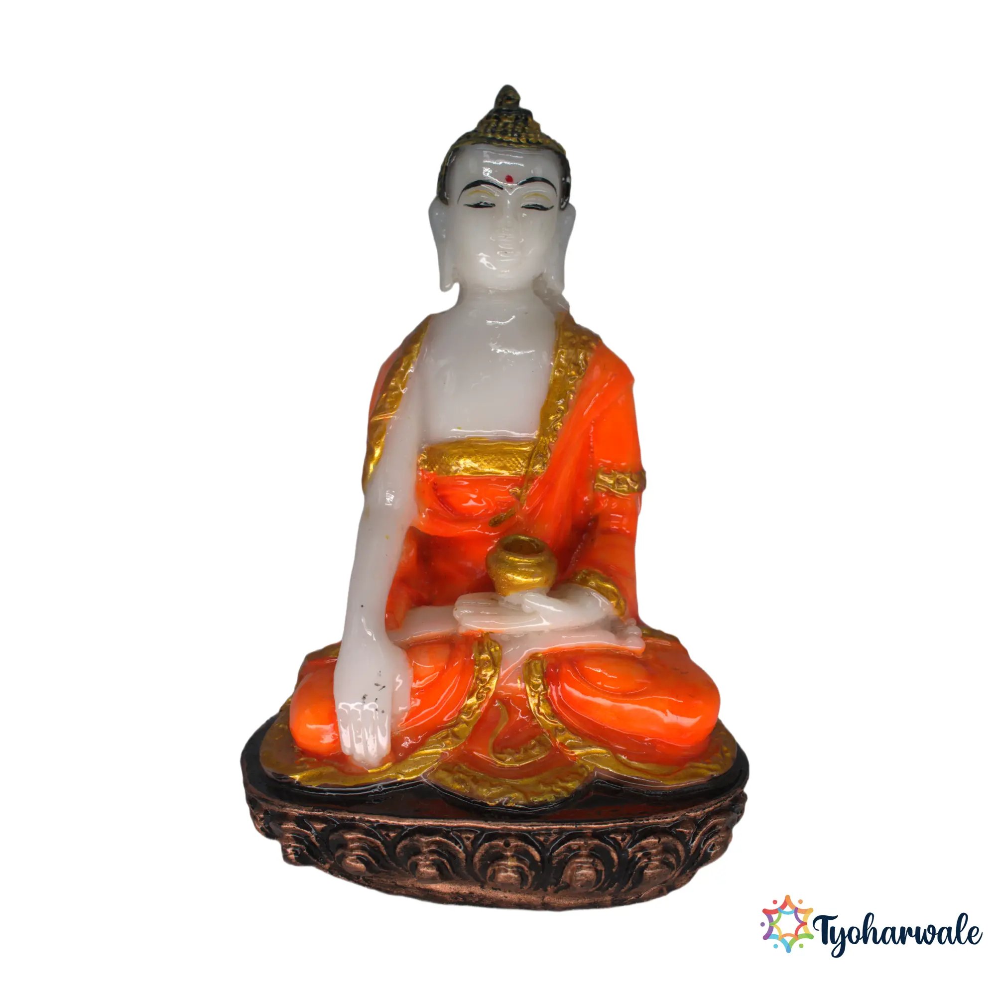 Meditating Buddha Idol (Orange Finish)6.5 | Marble Dust Resin Murti | Seated Buddha Statue | Home Mandir & Meditation Space Idol | Vastu Friendly Buddha | Religious Gift | Pooja Room Décor