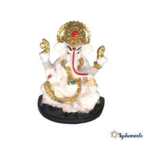 Ganesh Idol (White & Gold Finish) 2.5' | Marble Dust Resin Murti | Ganesha Statue for Home Mandir | Daily Pooja Idol | Four Arms Decorative Crown Ganpati Murti | Religious Gift | Ganesh Chaturthi Special Idol
