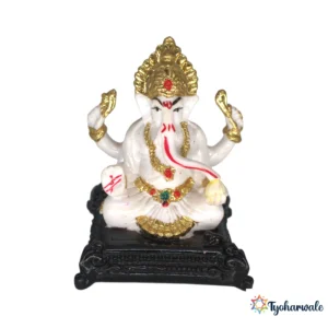 Ganesh Idol (White & Gold Finish) | Marble Dust Resin Murti | Ganesha Statue for Home Mandir | Daily Pooja Idol | Simple Seated Ganpati Murti | Religious Gift | Ganesh Chaturthi Special Idol