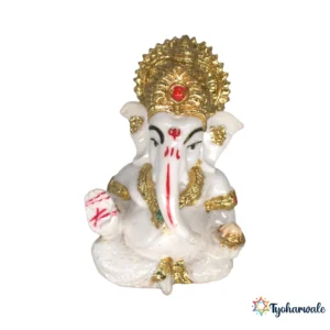 Ganesh Idol (White & Gold Finish) 3' | Marble Dust Resin Murti | Ganesha Statue for Home Mandir | Daily Pooja Idol | Simple Seated Ganpati Murti | Religious Gift | Ganesh Chaturthi Special Idol