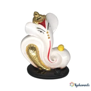 Modern Abstract Ganesh Idol (White & Gold Finish) 3.5' | Marble Dust Resin Murti | Curved Trunk Ganesha Statue for Home Décor | Unique Ganpati Murti | Meditation Space Idol | Religious Gift | Ganesh Chaturthi Special Idol