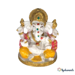 Ganesh Idol with Mushak (White Pink & Gold Finish) | Marble Dust Resin Murti | Ganesha Statue with Mouse for Home Mandir | Daily Pooja Idol | Ganpati with Mushak Murti | Religious Gift | Ganesh Chaturthi Special Idol