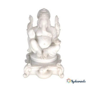 Ganesh Idol (White Marble Finish) 6' | Marble Dust Resin Murti | Ganesha Statue for Home Mandir | Daily Pooja Idol | Scroll Decorative Base Ganpati Murti | Religious Gift | Ganesh Chaturthi Special Idol