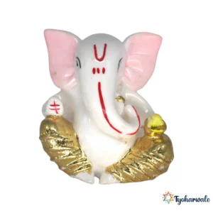 Ganesh Idol Small Cute (White Pink & Gold Finish) | Marble Dust Resin Murti | Small Ganesha Statue for Home Mandir | Car Dashboard Idol | Cute Ganpati Murti | Religious Gift | Ganesh Chaturthi Special Idol