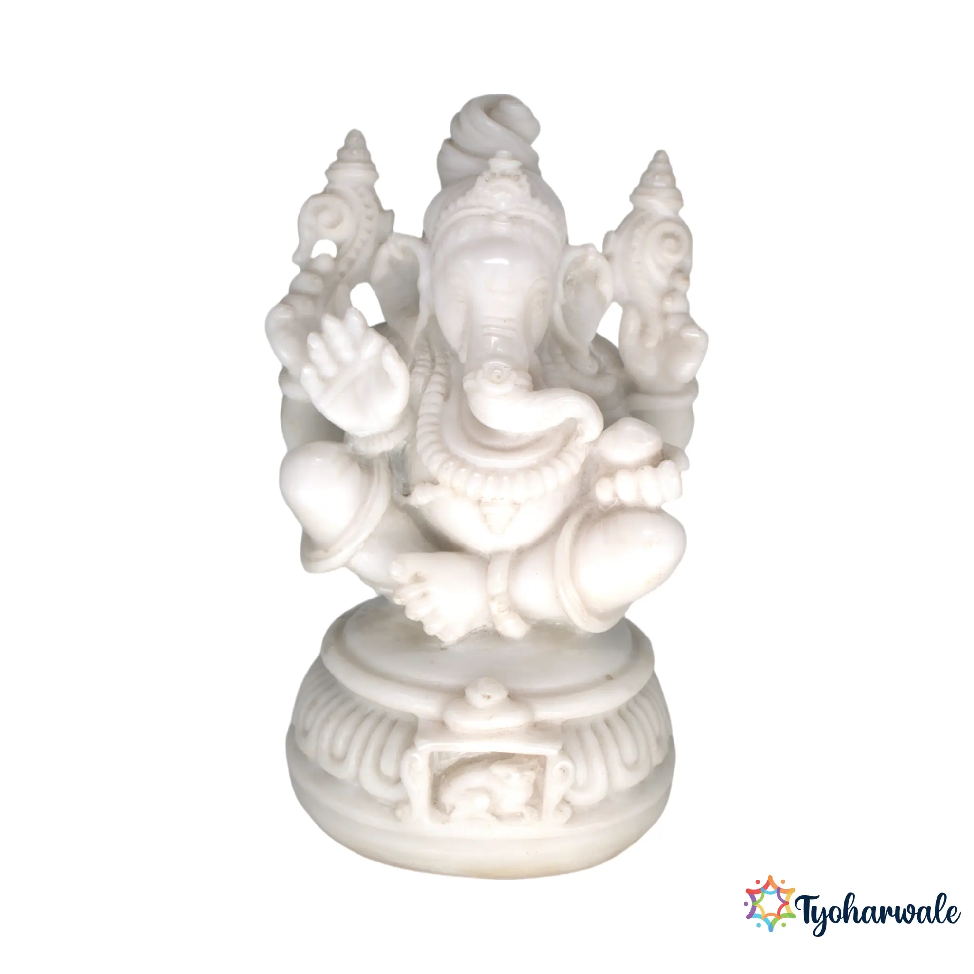 Ganesh Idol (White Marble Finish) 6' | Marble Dust Resin Murti | Ganesha Statue for Home Mandir | Daily Pooja Idol | Round Decorative Base Ganpati Murti | Religious Gift | Ganesh Chaturthi Special Idol